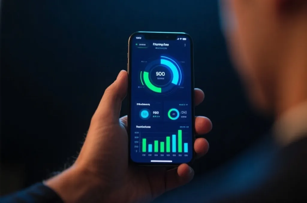 A person holding a smartphone showing a high-tech sleek dashboard with vibrant glowing blue and green data visualization elements, premium app interface, close-up, depth of field