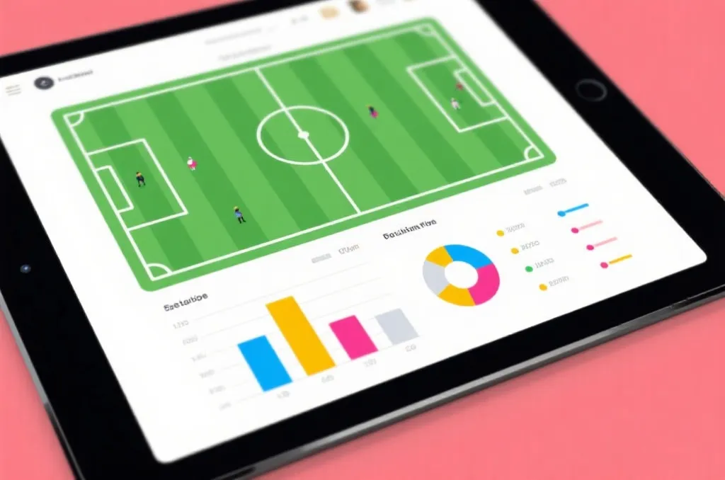 A tablet screen showing colorful sports analytics and flat design soccer field graphic