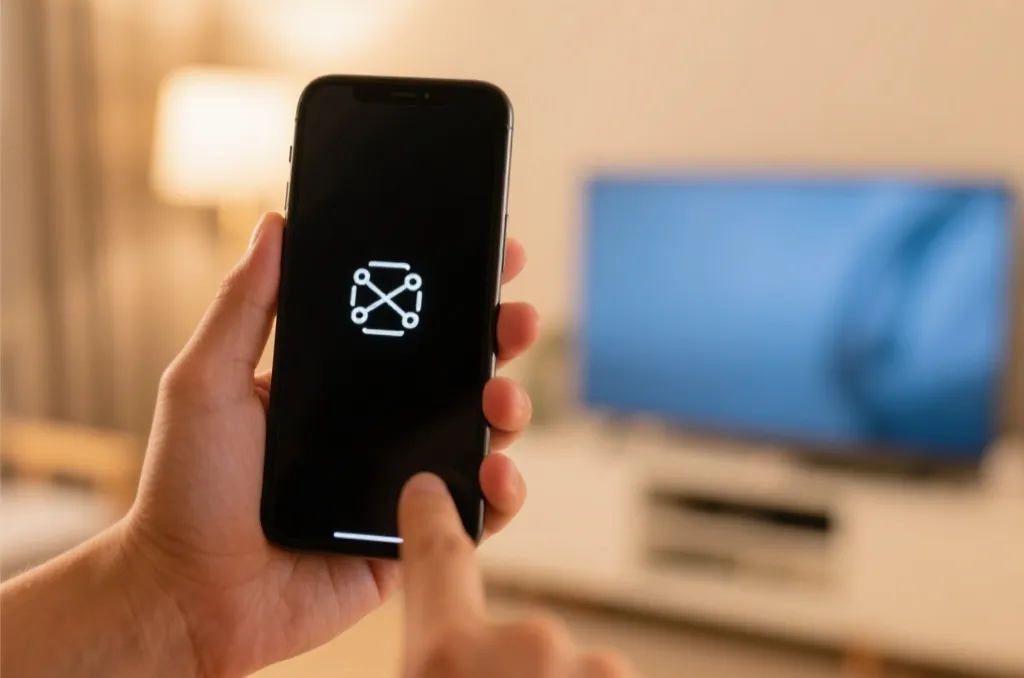 A close-up of a hand holding an unbranded smartphone with a clean connection icon on screen, pointing towards a soft-focus smart TV